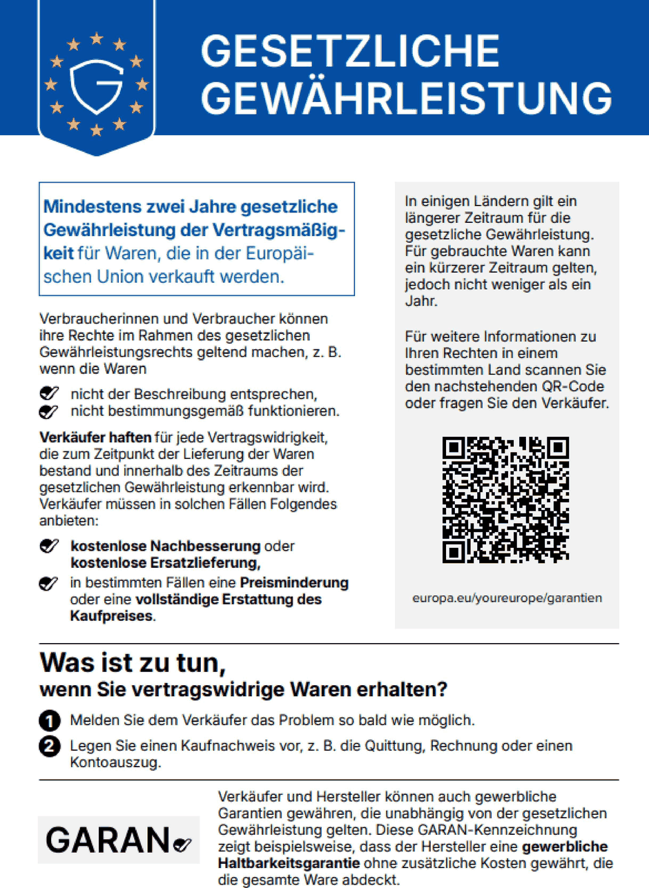 Harmonisierte Mitteilung über das gesetzliche Gewährleistungsrecht: mindestens zwei Jahre gesetzliche Gewährleistung der Vertragsmäßigkeit für Waren, die in der Europäischen Union verkauft werden.