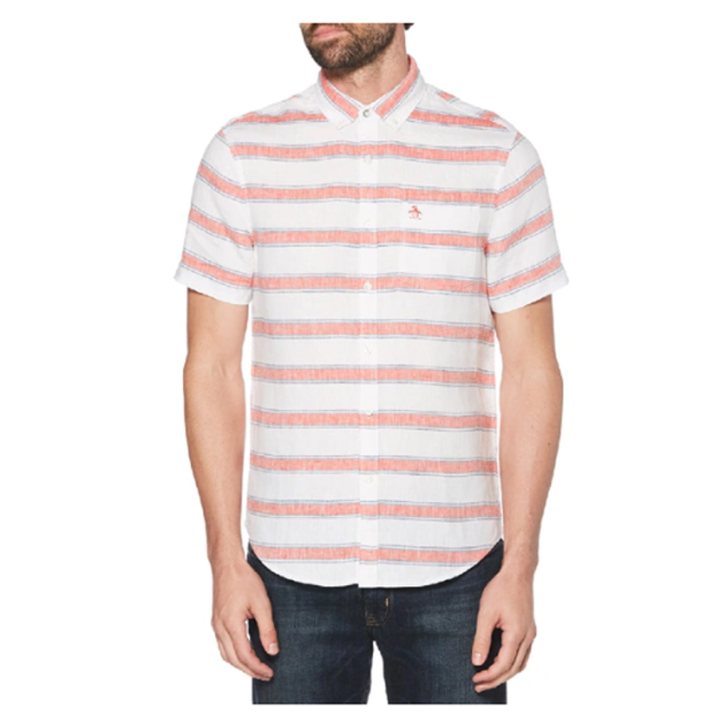 Original Penguin - Horizontal Stripe Leinen Kurzarm Hemd, weiß rot