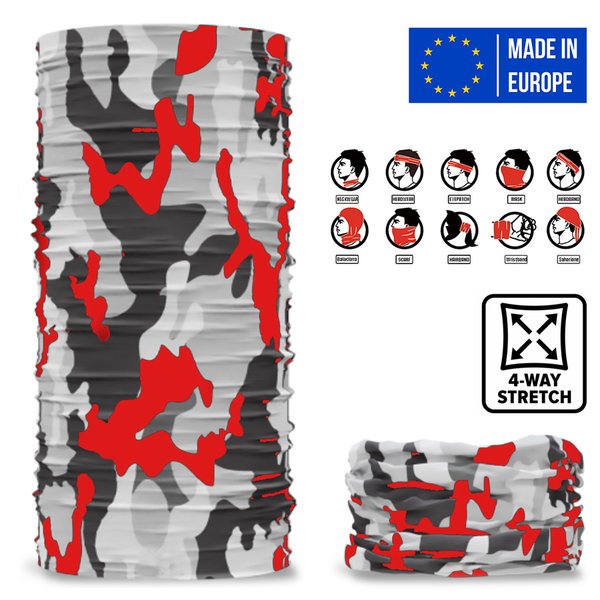 MADE IN EUROPE - Multifunktions Schlauchschal 10in1 - 4way Stretch, grau rot