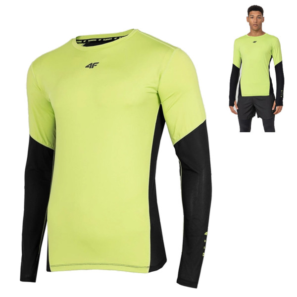 4F dry - Herren Sport Langarmshirt, Laufshirt mit Daumenloch, schwarz grün